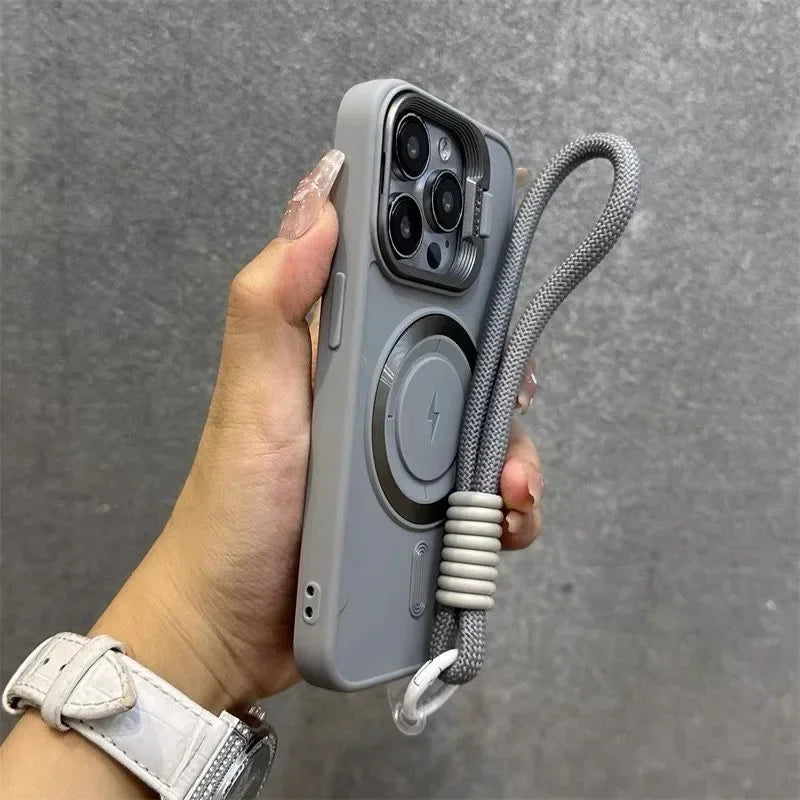 Luxury Flip Lens Magnetic Case with Wristband for iPhone (Nylon Lanyard Included)