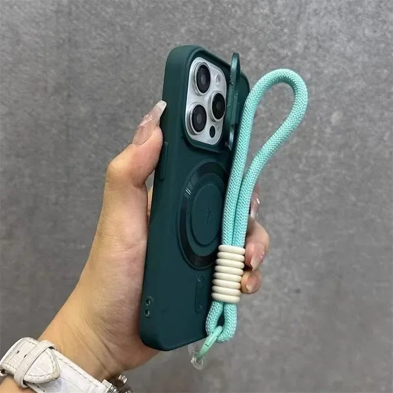 Luxury Flip Lens Magnetic Case with Wristband for iPhone (Nylon Lanyard Included)