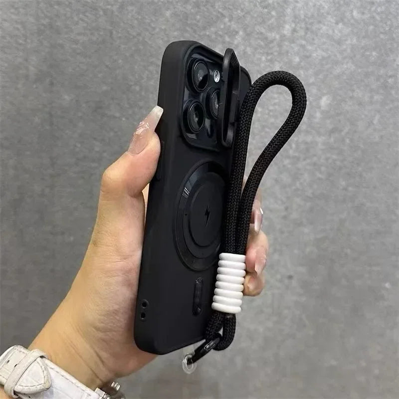 Luxury Flip Lens Magnetic Case with Wristband for iPhone (Nylon Lanyard Included)